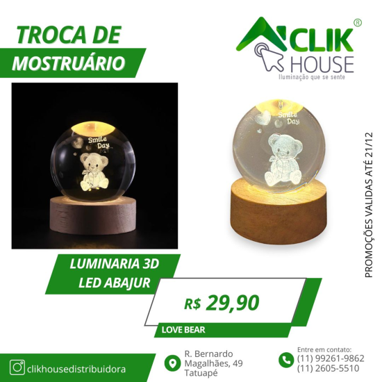 Luminaria De Mesa 3D Led Bolinha Ursinho