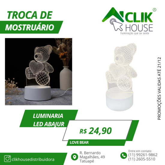 Luminaria De Mesa Abajur Led Ursinho 3 Cores