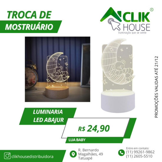 Luminaria De Mesa Abajur Led Lua com Ursinho 3 Cores