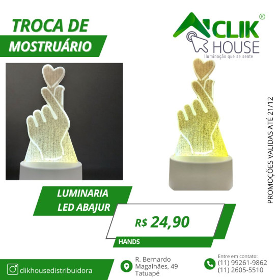 Luminaria De Mesa Abajur Led Mão com Coração 3 Cores