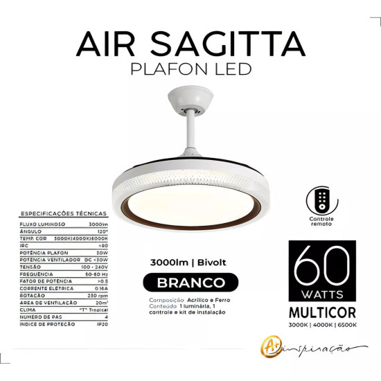 Ventilador De Teto Led Com Controle Remoto 3 Cores 36W Branco