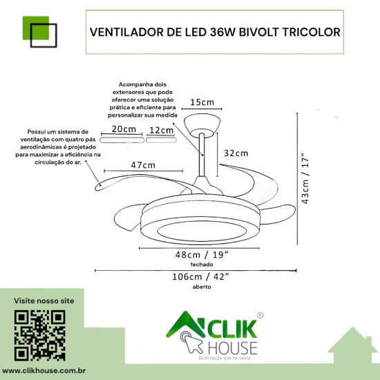 Ventilador De Teto Led Com Controle Remoto 3 Cores 36W Branco