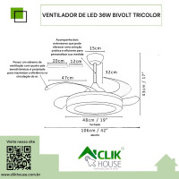 Ventilador De Teto Led Com Controle Remoto 3 Cores 36W Preto