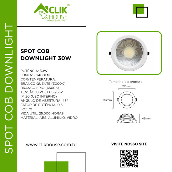 SPOT COB DOWNLIGHT 30W REDONDO BRANCO QUENTE 3000K