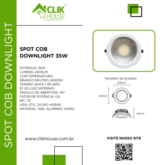 SPOT COB DOWNLIGHT 35W REDONDO BRANCO NEUTRO 4000K