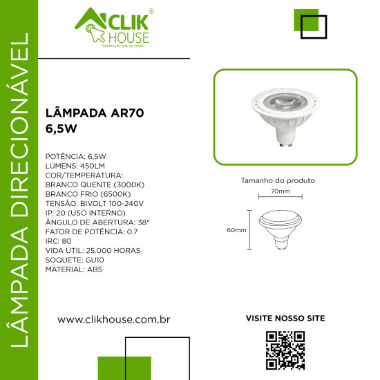 LAMPADA AR70 LED 6500K BRANCO FRIO 6.5W