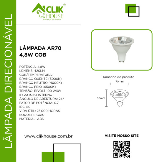 LAMPADA LED COB AR70 3000K BRANCO QUENTE 4.8W 