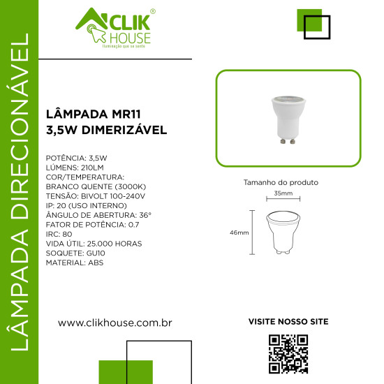 LAMPADA DIMERIZAVEL MR11 3.5W BRANCO QUENTE 2700K