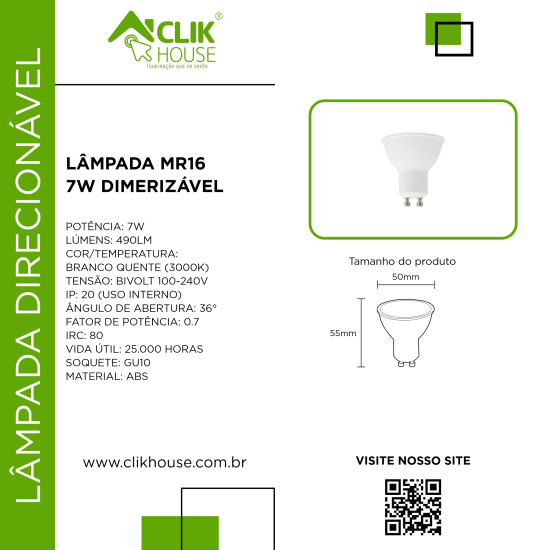 LAMPADA DIMERIZAVEL MR16 7W BRANCO QUENTE 2700K