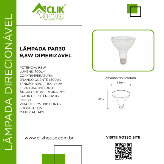 LAMPADA DIMERIZAVEL PAR30 9.8W BRANCO QUENTE 2700K