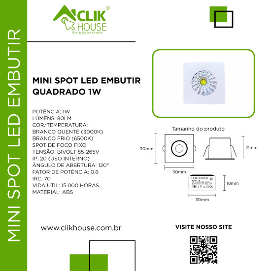 MINI SPOT LED EMBUTIR QUADRADO 1W BRANCO QUENTE 3000K