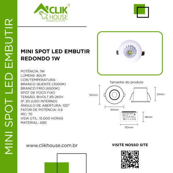 MINI SPOT LED EMBUTIR REDONDO 1W BRANCO QUENTE 3000K