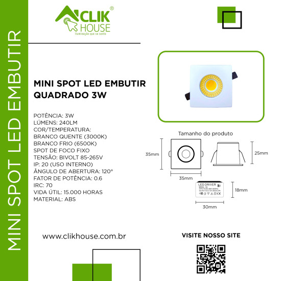 MINI SPOT LED EMBUTIR QUADRADO 3W BRANCO FRIO 6500K