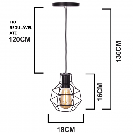 Luminária de teto pendente Ohio linha Aramado - com Lâmpada filamento de brinde