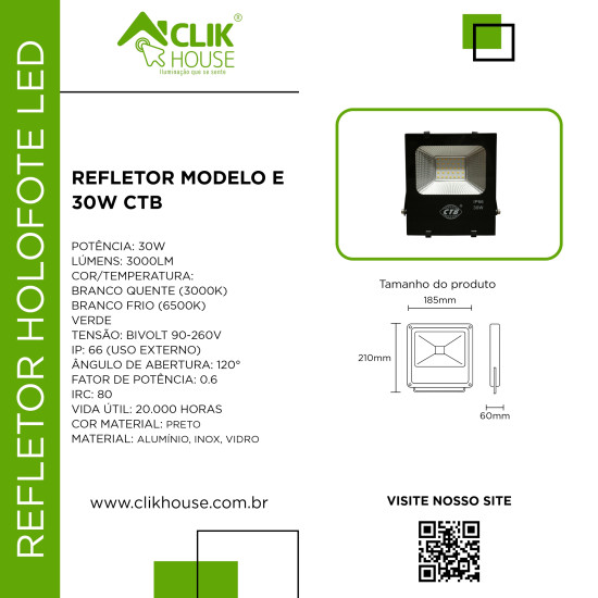 REFLETOR HOLOFOTE LED CTB MODELO E 30W VERDE REFLETOR HOLOFOTE LED CTB MODELO E 30W VERDE