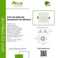 SPOT LED QUADRADO EMBUTIR 3W BRANCO QUENTE 3000K