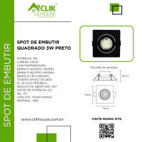 SPOT LED PRETO QUADRADO EMBUTIR 3W BRANCO QUENTE 3000K