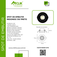 SPOT LED PRETO REDONDO EMBUTIR 3W BRANCO FRIO 6500K 